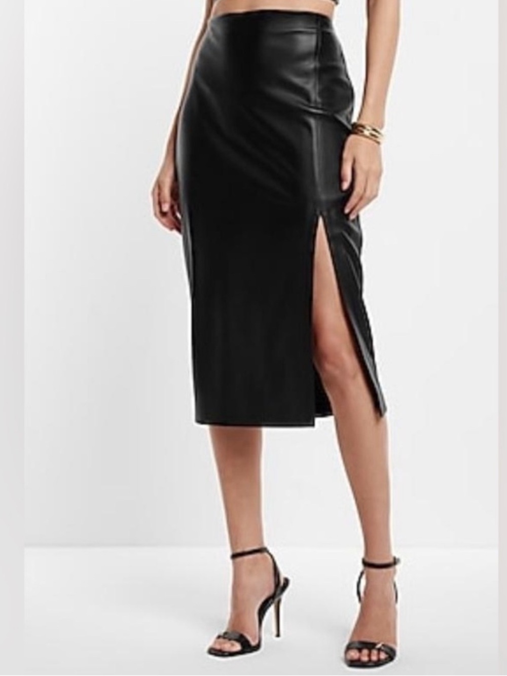 Black Faux-Leather Midi Pencil Skirt with Side Slit